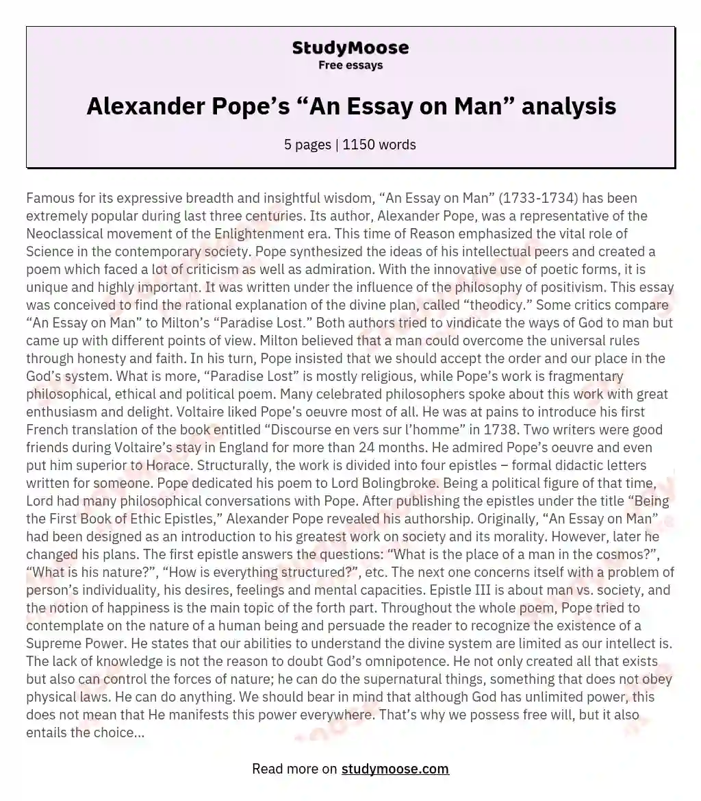 Alexander Pope’s “An Essay on Man” analysis