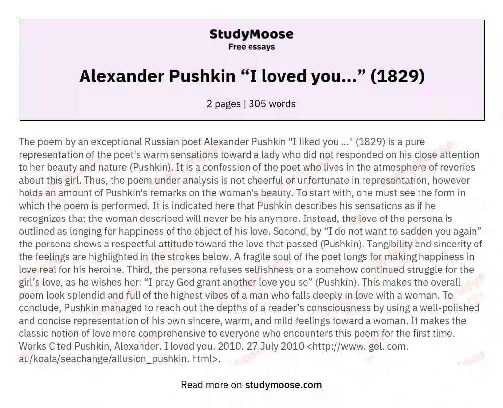 Alexander Pushkin “I loved you…” (1829) essay