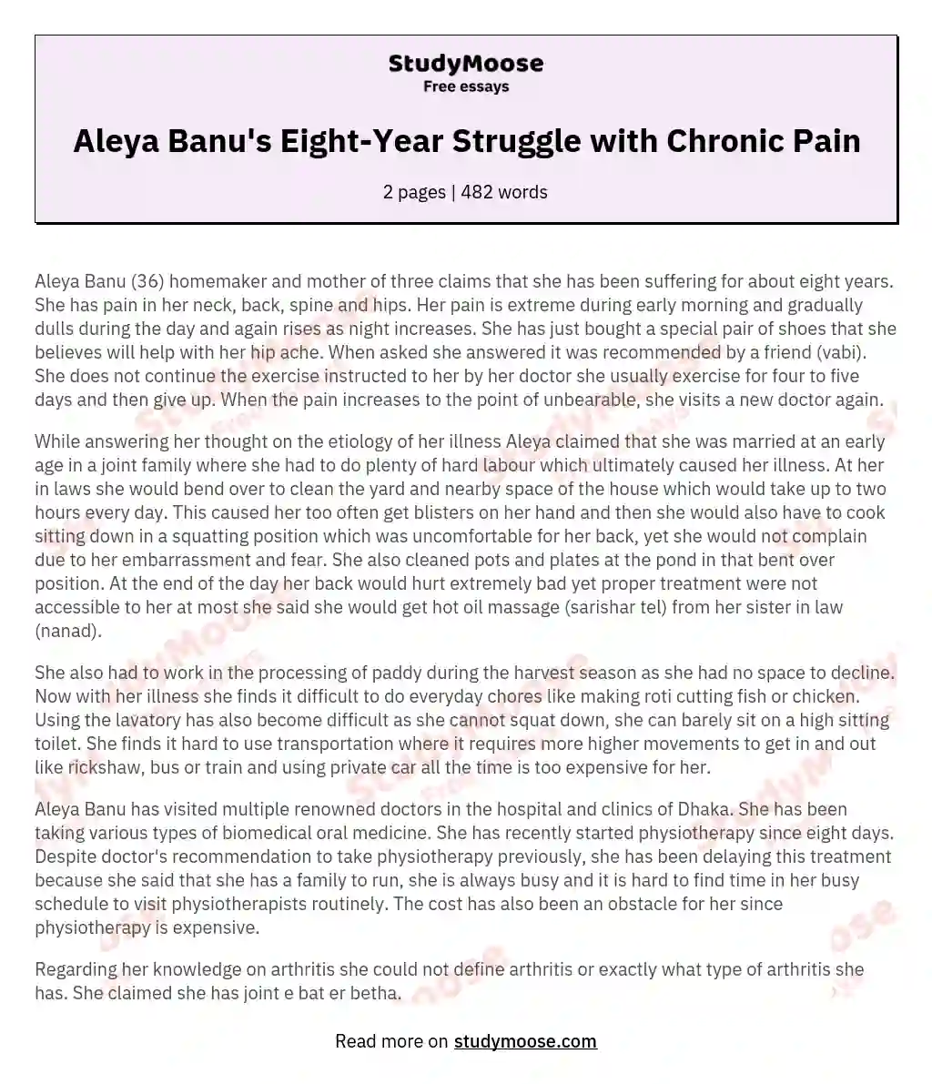 Aleya Banu's Eight-Year Struggle with Chronic Pain essay