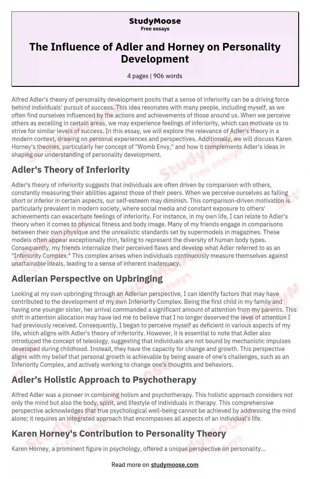 The Influence of Adler and Horney on Personality Development essay