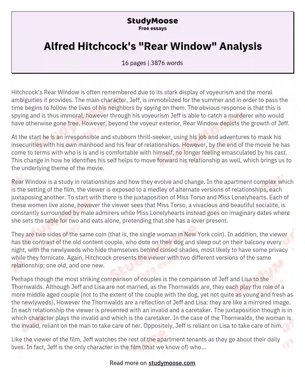 Alfred Hitchcock's "Rear Window" Analysis essay