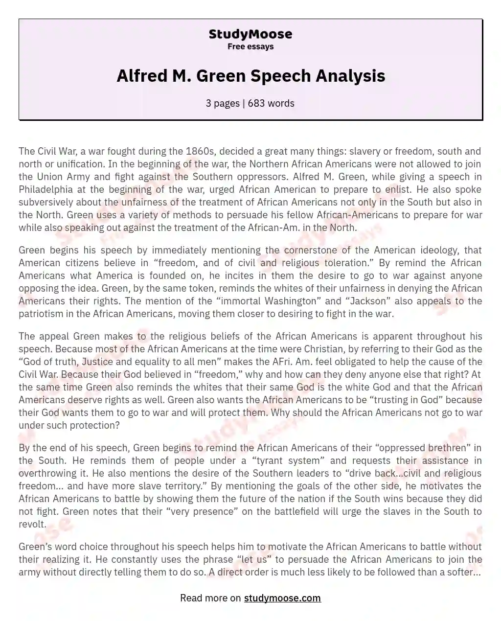 Alfred M. Green Speech Analysis essay