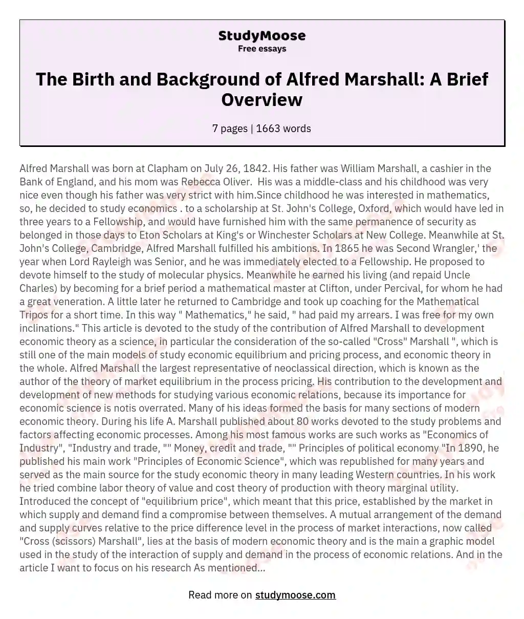 The Birth and Background of Alfred Marshall: A Brief Overview essay