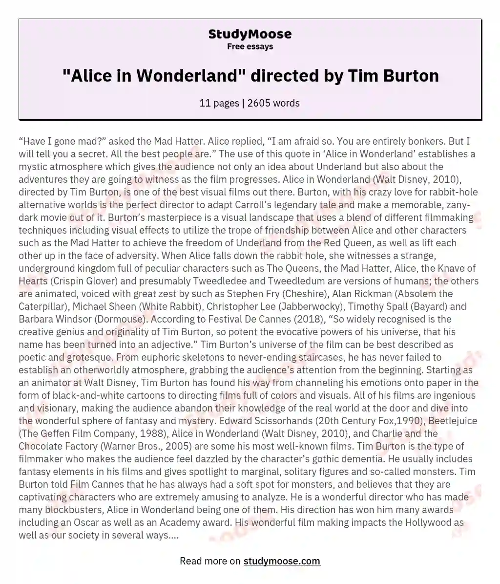 "Alice in Wonderland" directed by Tim Burton