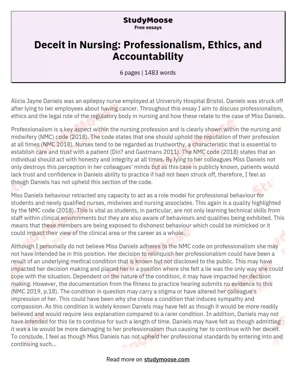 Deceit in Nursing: Professionalism, Ethics, and Accountability essay