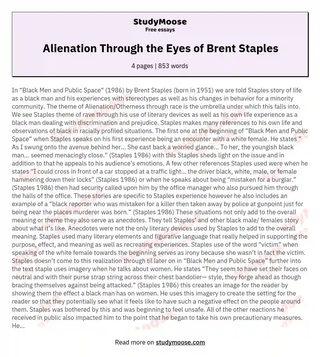 Alienation Through the Eyes of Brent Staples essay