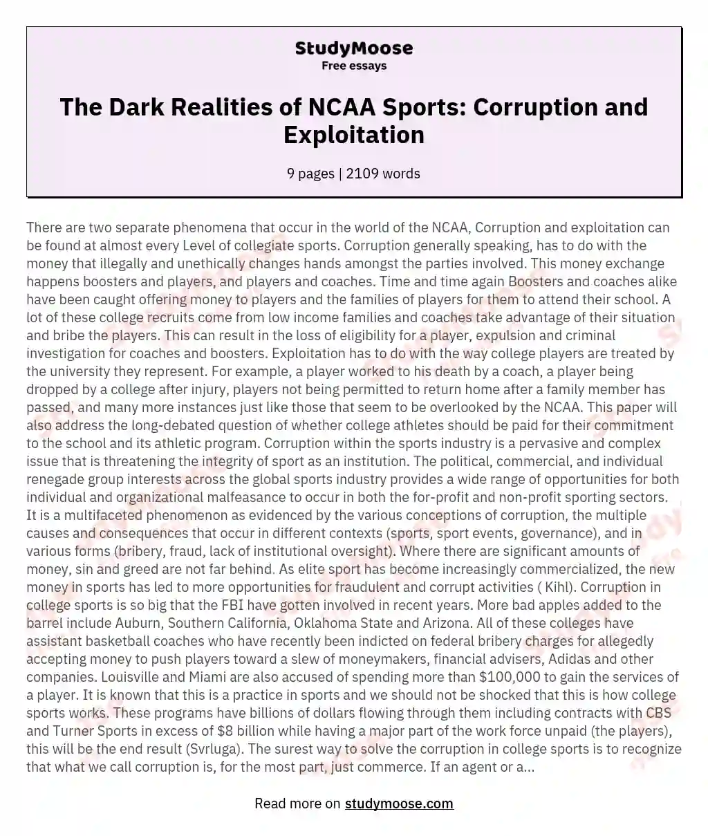 The Dark Realities of NCAA Sports: Corruption and Exploitation essay