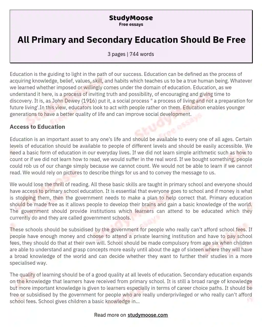 All Primary and Secondary Education Should Be Free essay