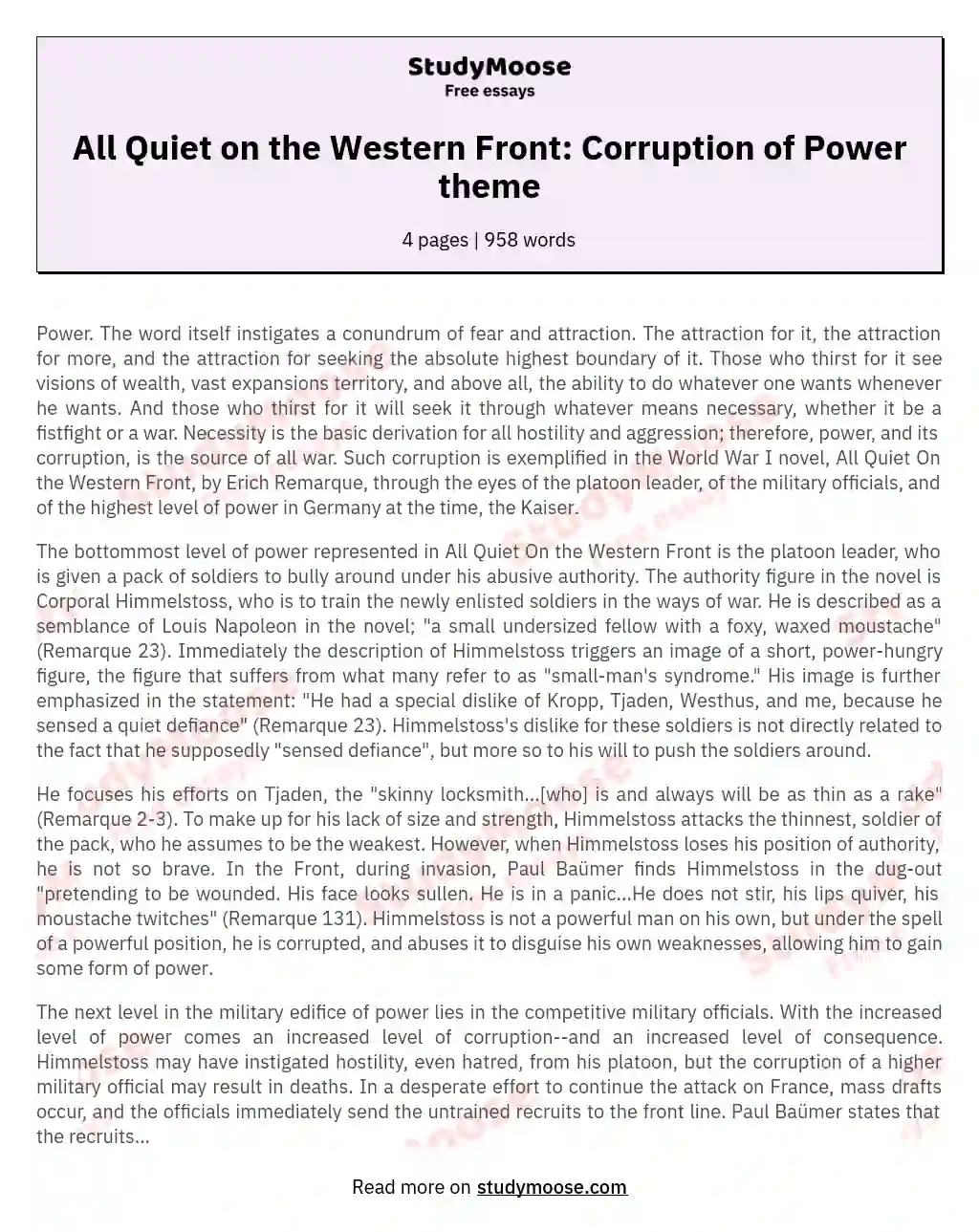 All Quiet on the Western Front: Corruption of Power theme