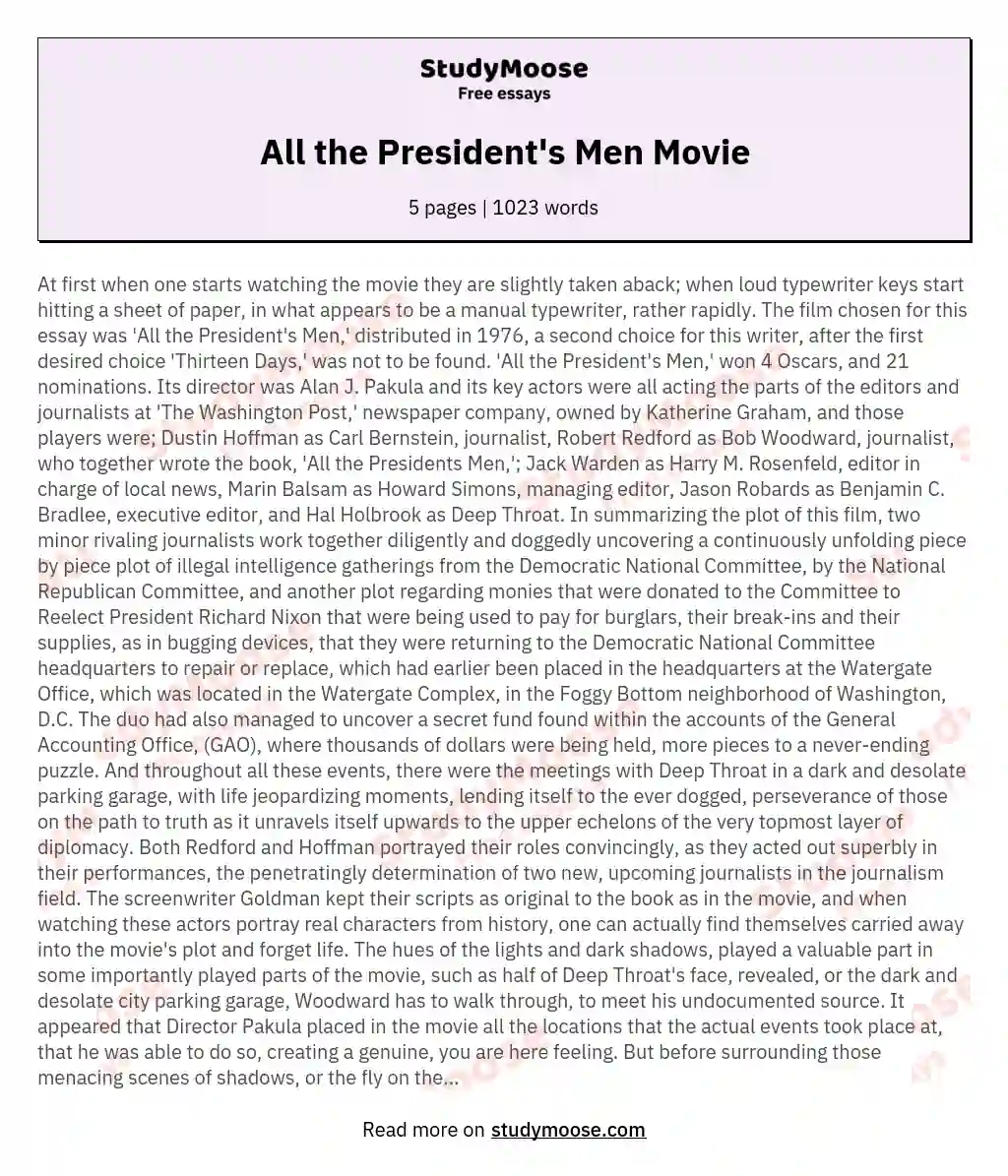 All the President's Men Movie essay