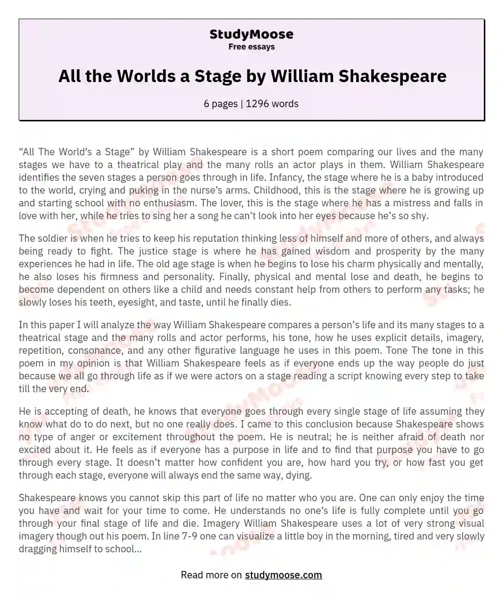 All the Worlds a Stage by William Shakespeare essay