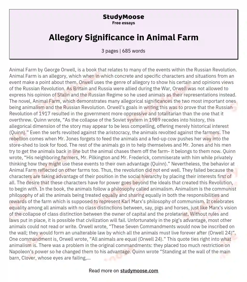 Allegory Significance in Animal Farm Free Essay Example