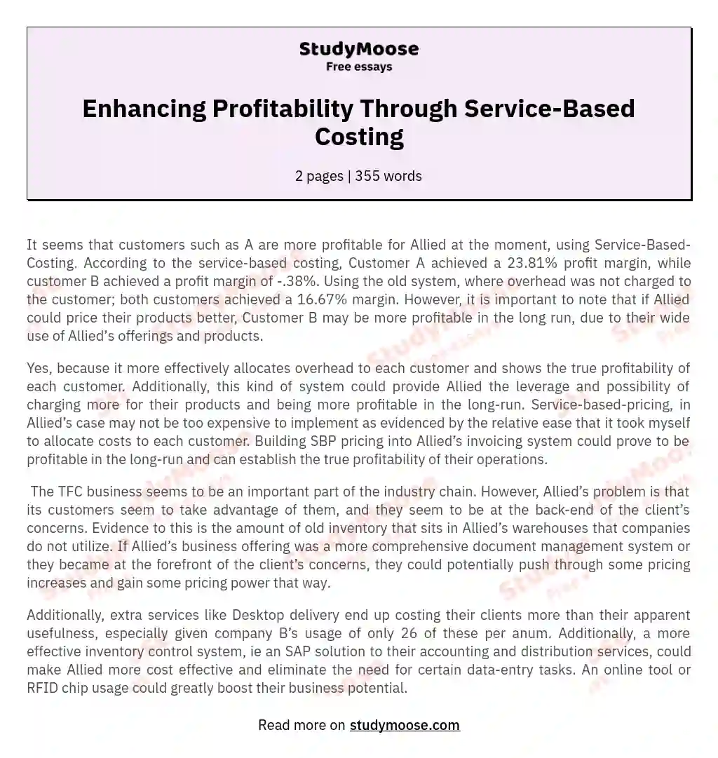 Enhancing Profitability Through Service-Based Costing essay