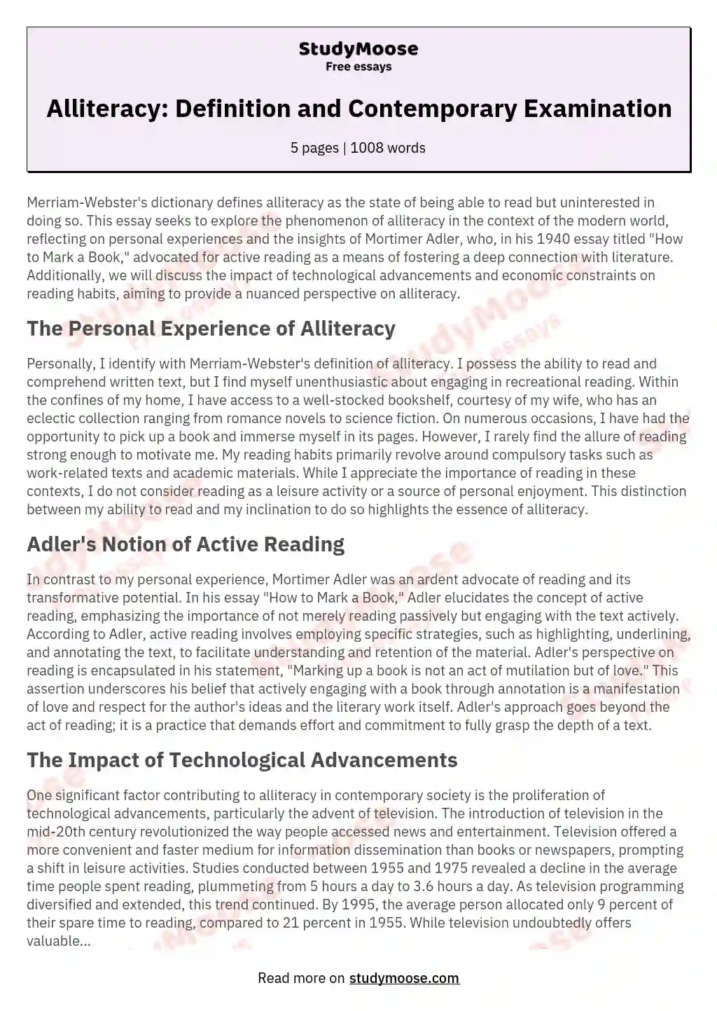 Alliteracy: Definition and Contemporary Examination essay