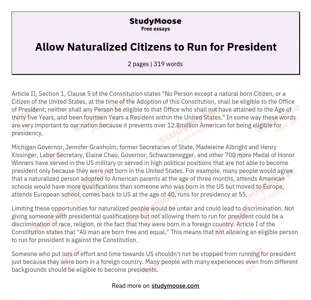 Allow Naturalized Citizens to Run for President essay