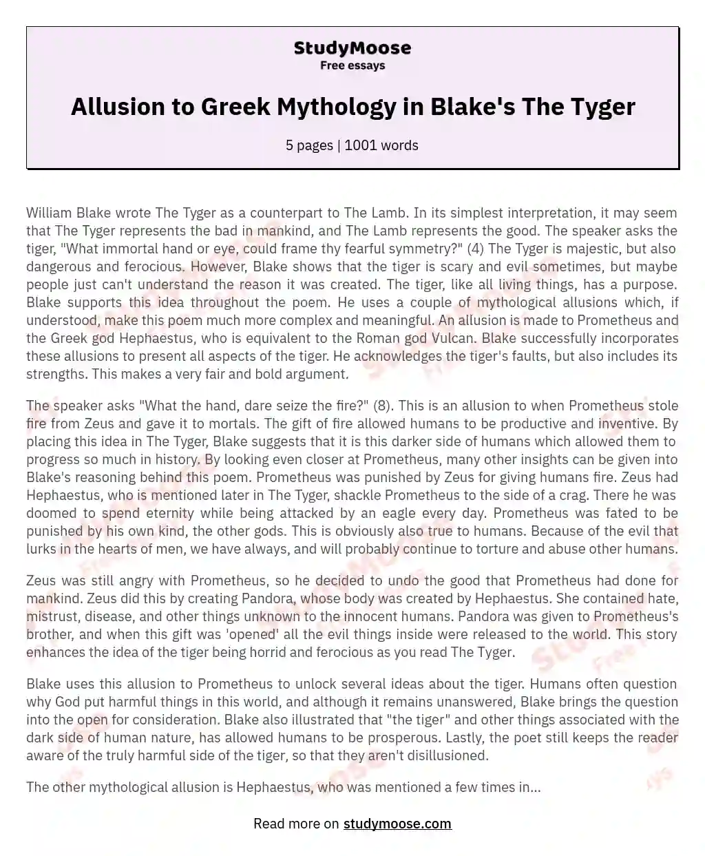 Allusion to Greek Mythology in Blake's The Tyger essay