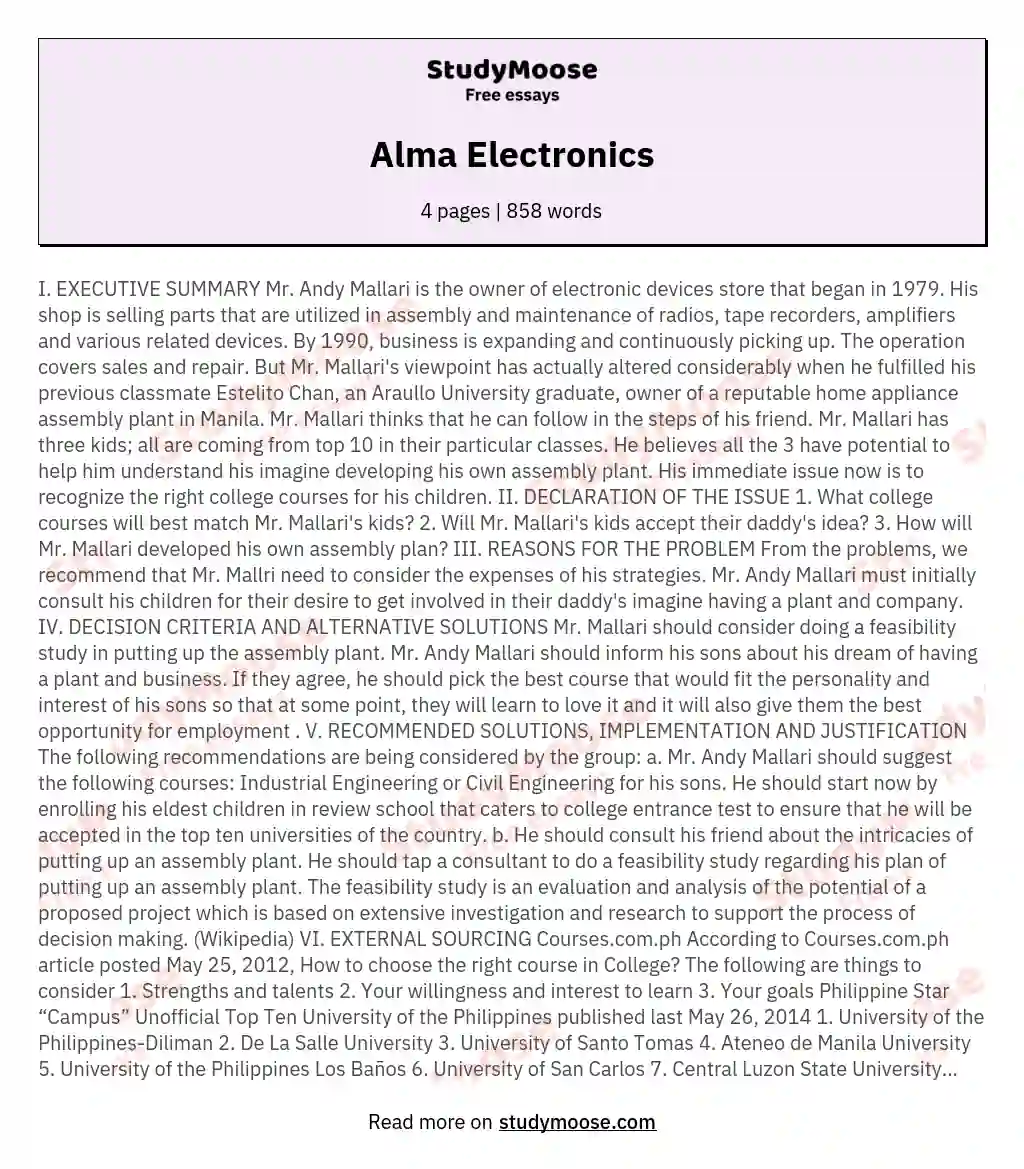 Alma Electronics essay