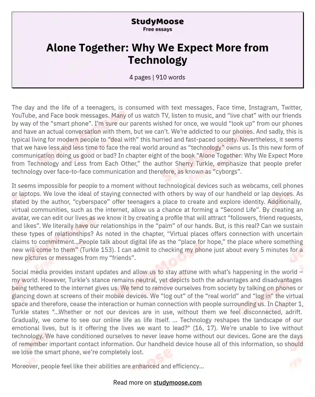 Alone Together: Why We Expect More from Technology essay