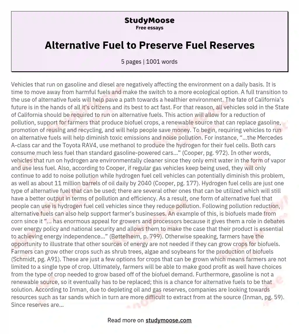 Alternative Fuel to Preserve Fuel Reserves essay