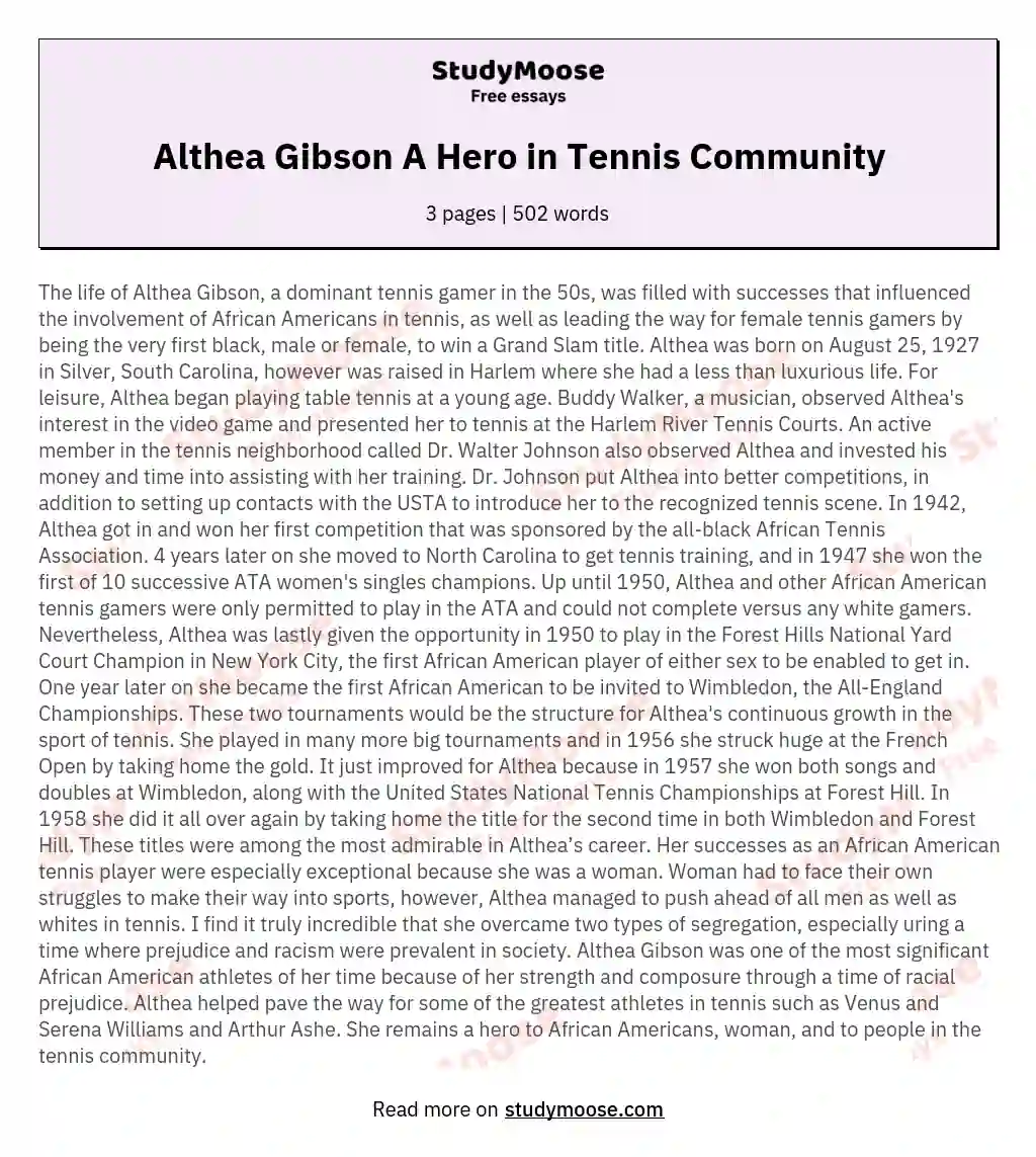 Althea Gibson A Hero in Tennis Community essay