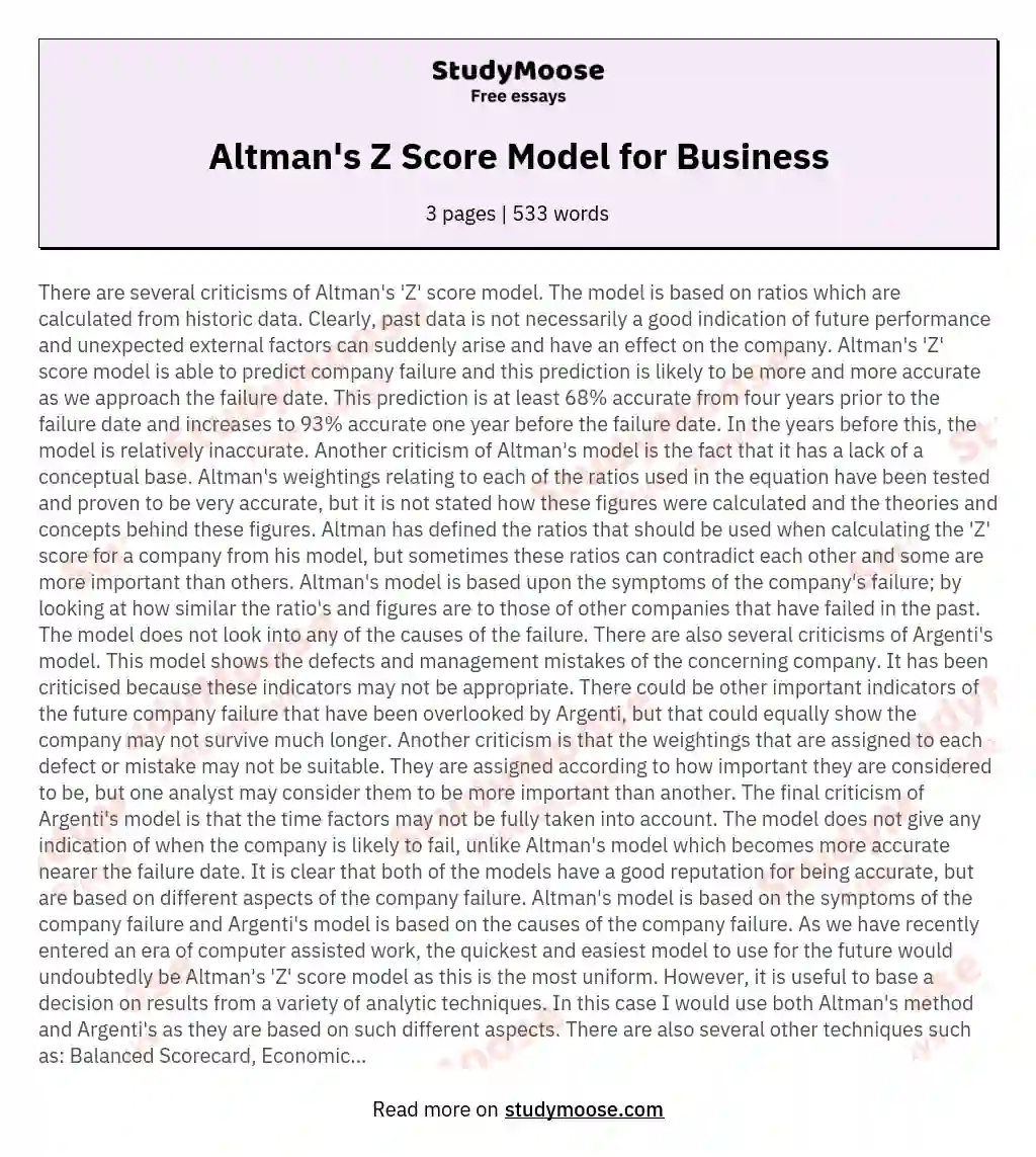 Altman's Z Score Model for Business essay