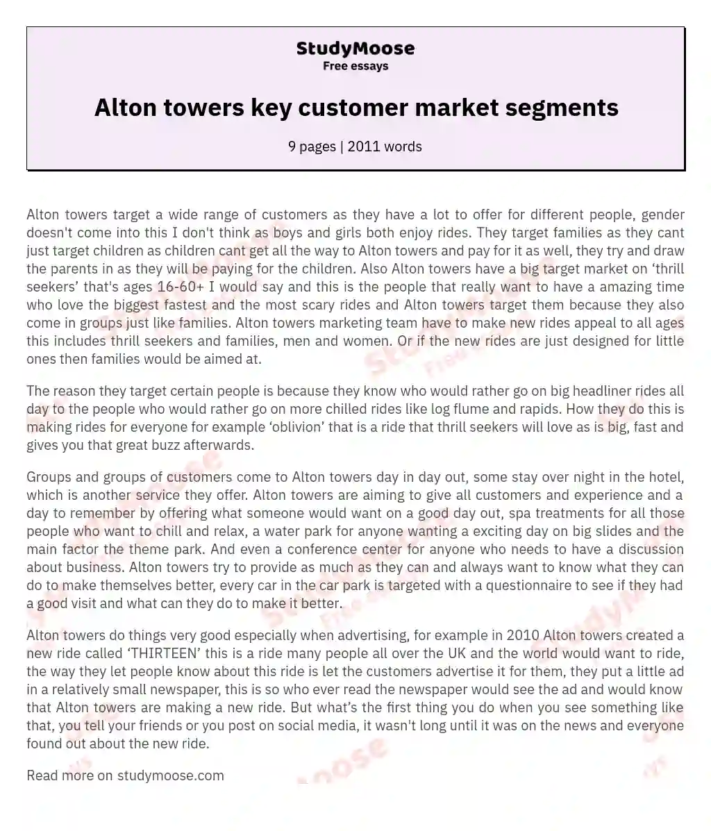 Alton towers key customer market segments essay