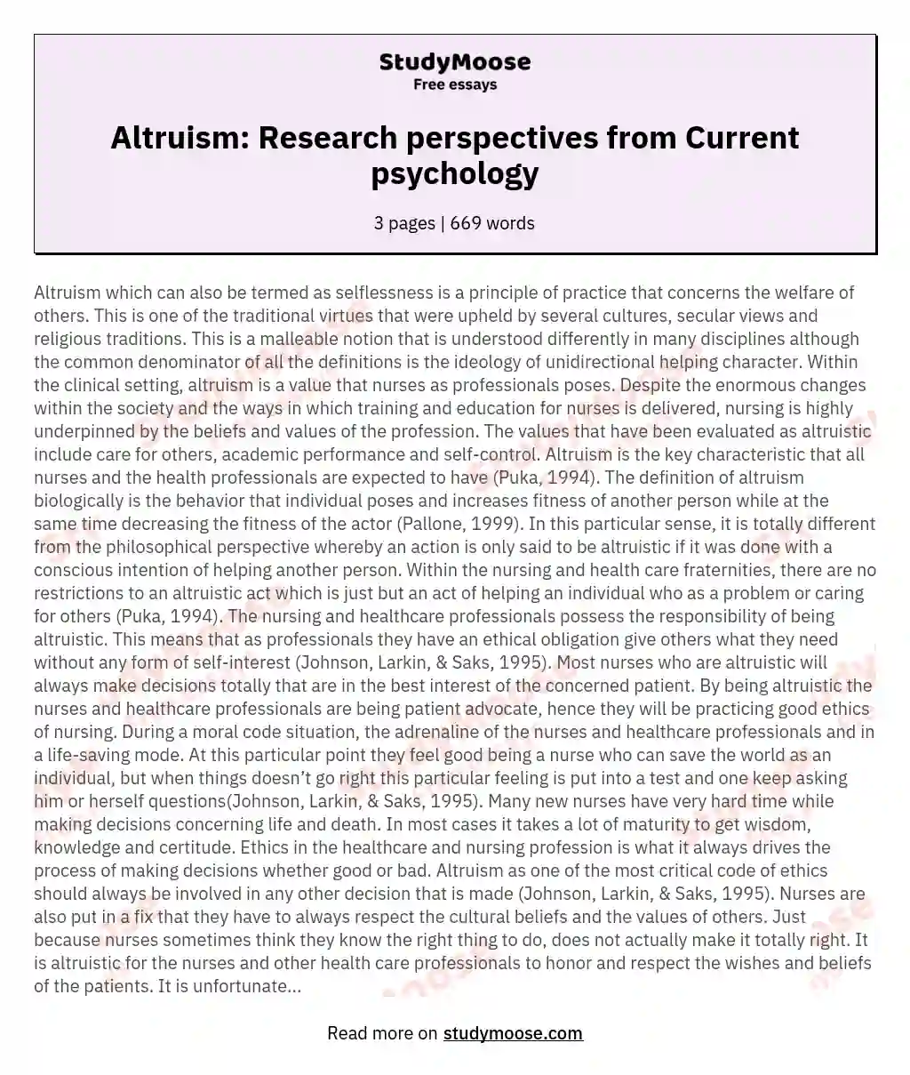 Altruism: Research perspectives from Current psychology essay