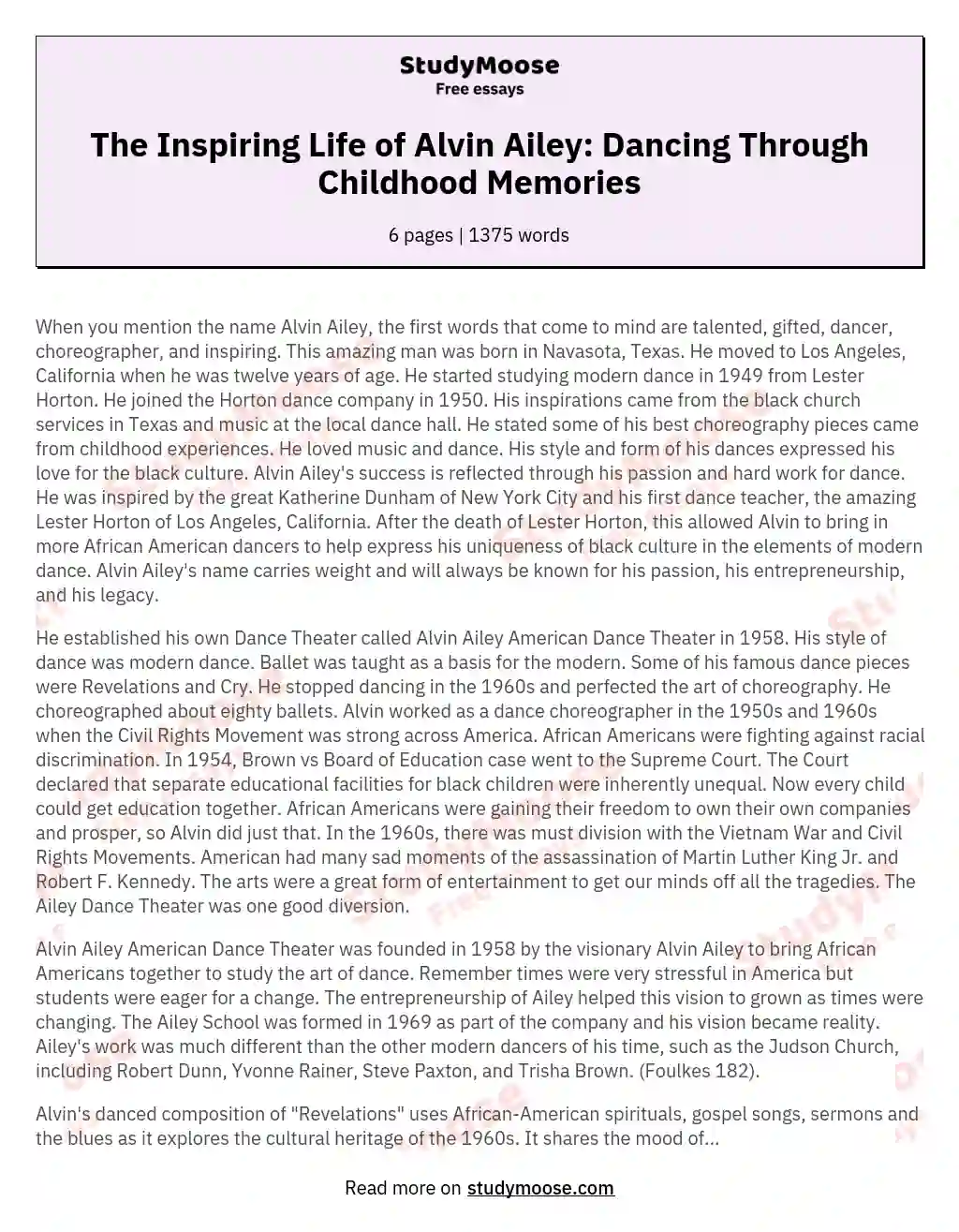 The Inspiring Life of Alvin Ailey: Dancing Through Childhood Memories essay