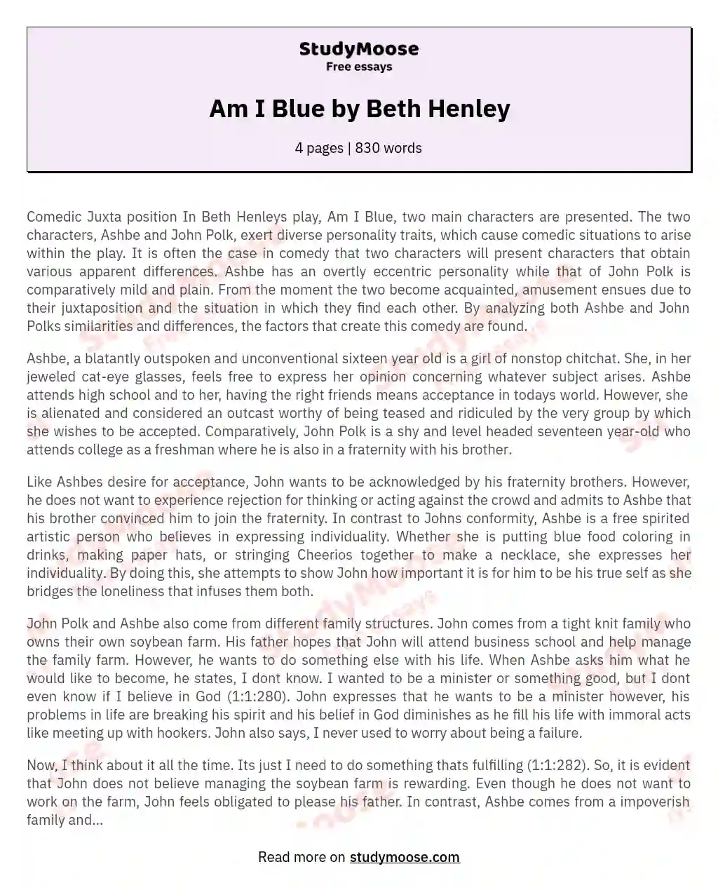 Am I Blue by Beth Henley essay