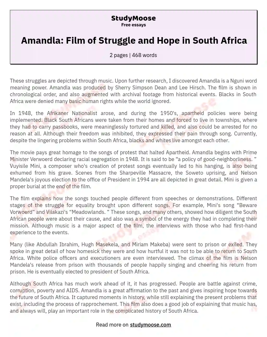 Amandla: Film of Struggle and Hope in South Africa essay