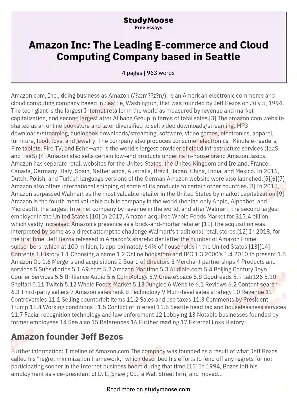 Amazon Inc: The Leading E-commerce and Cloud Computing Company based in Seattle essay