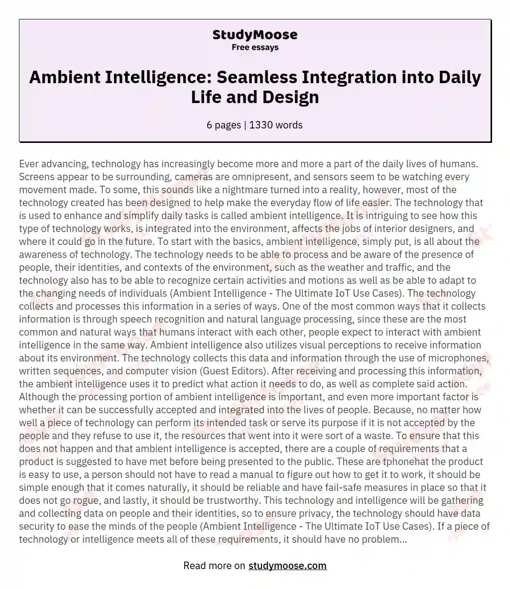 Ambient Intelligence: Seamless Integration into Daily Life and Design essay