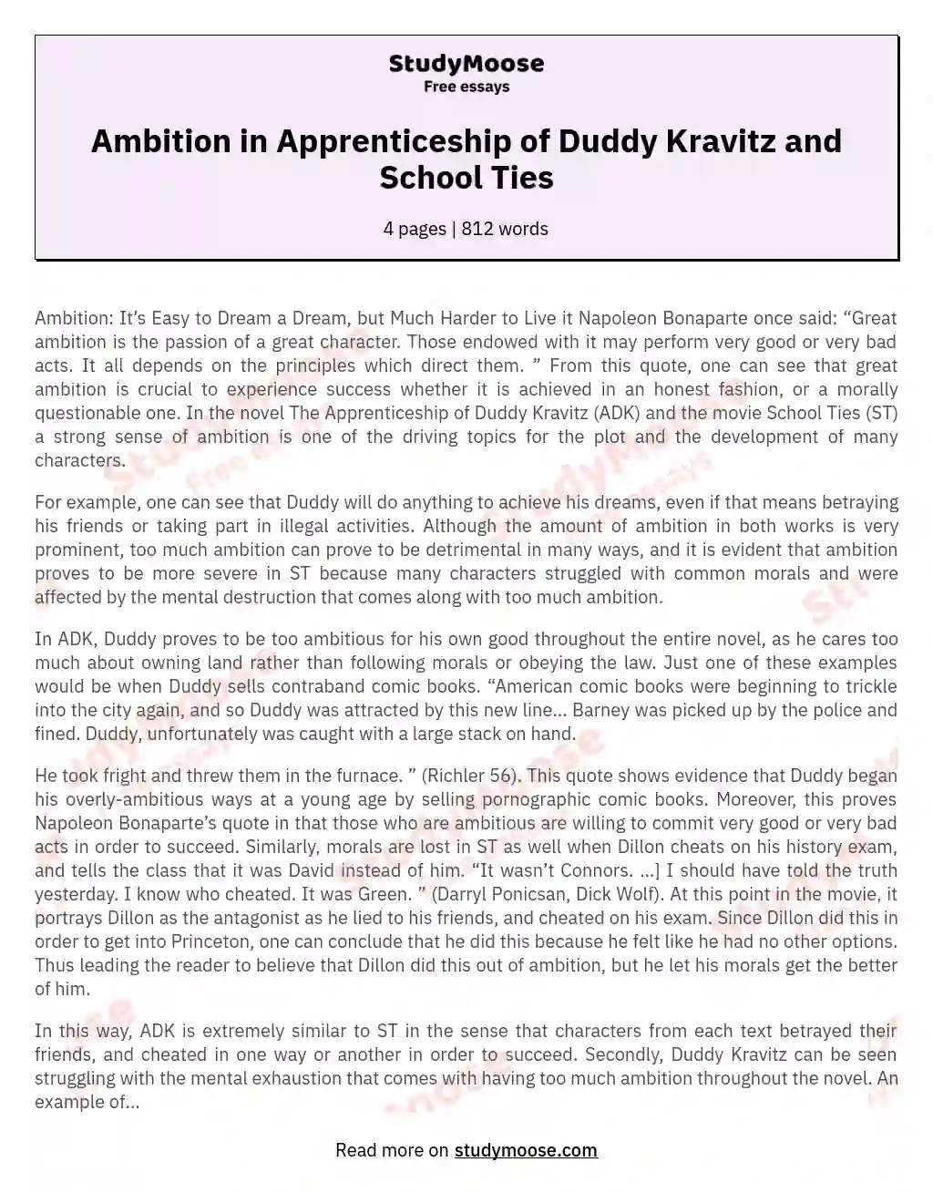 Ambition in Apprenticeship of Duddy Kravitz and School Ties
