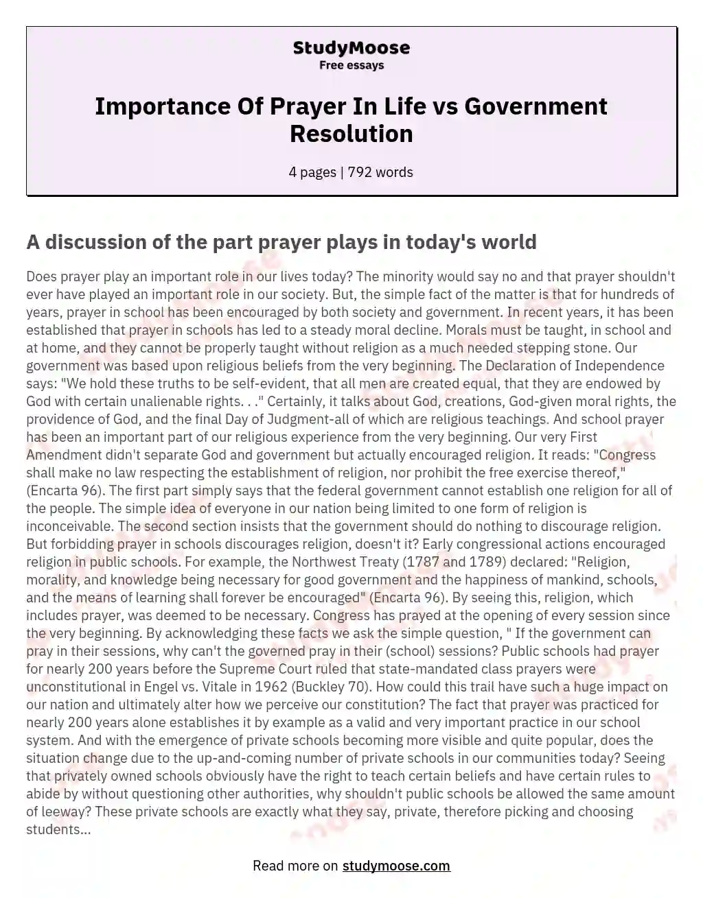 Importance Of Prayer In Life vs Government Resolution essay