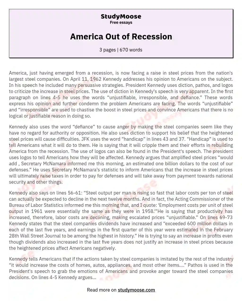 America Out of Recession essay