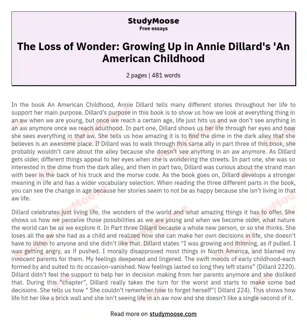 The Loss of Wonder: Growing Up in Annie Dillard's 'An American Childhood essay