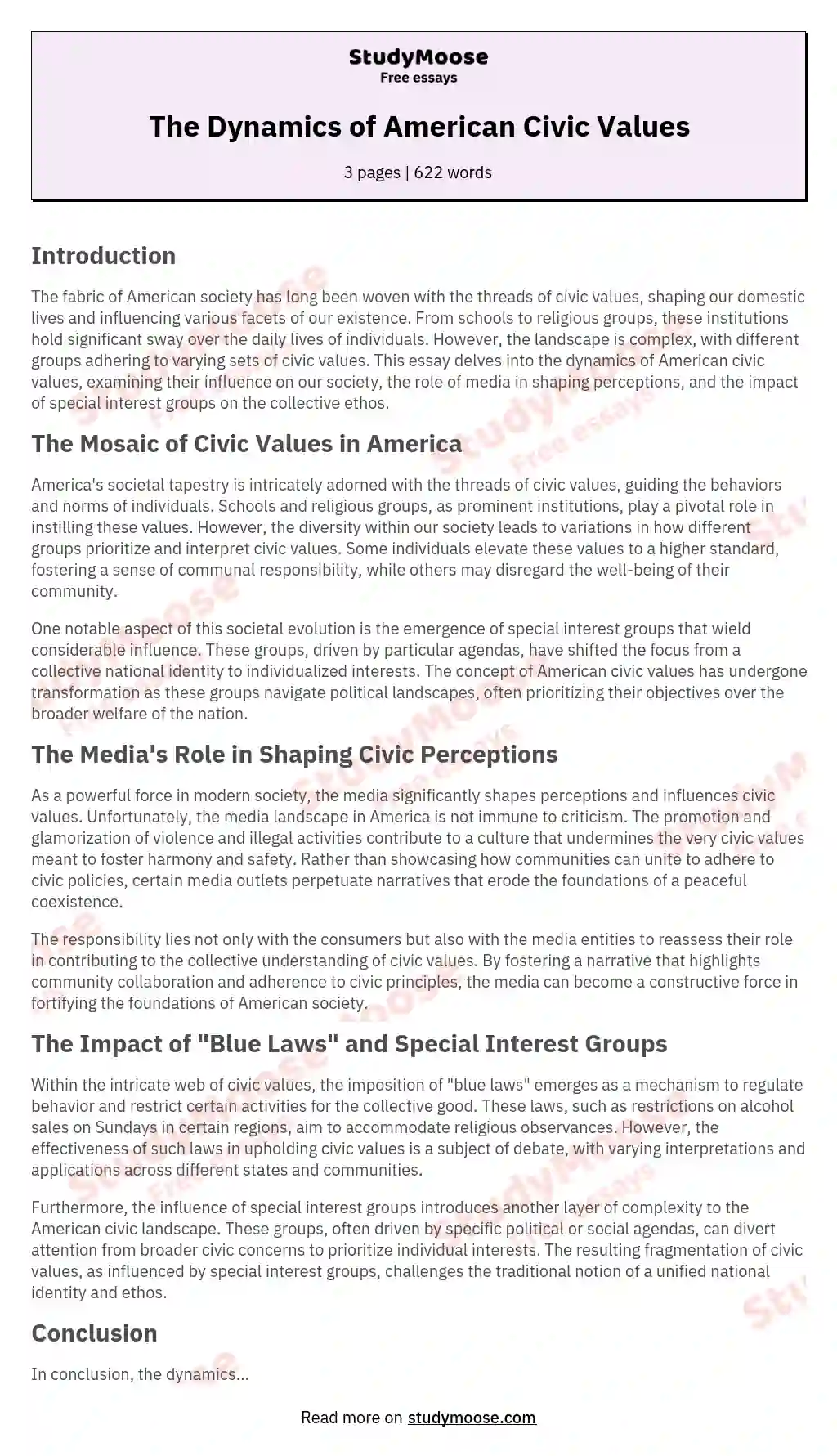 The Dynamics of American Civic Values essay