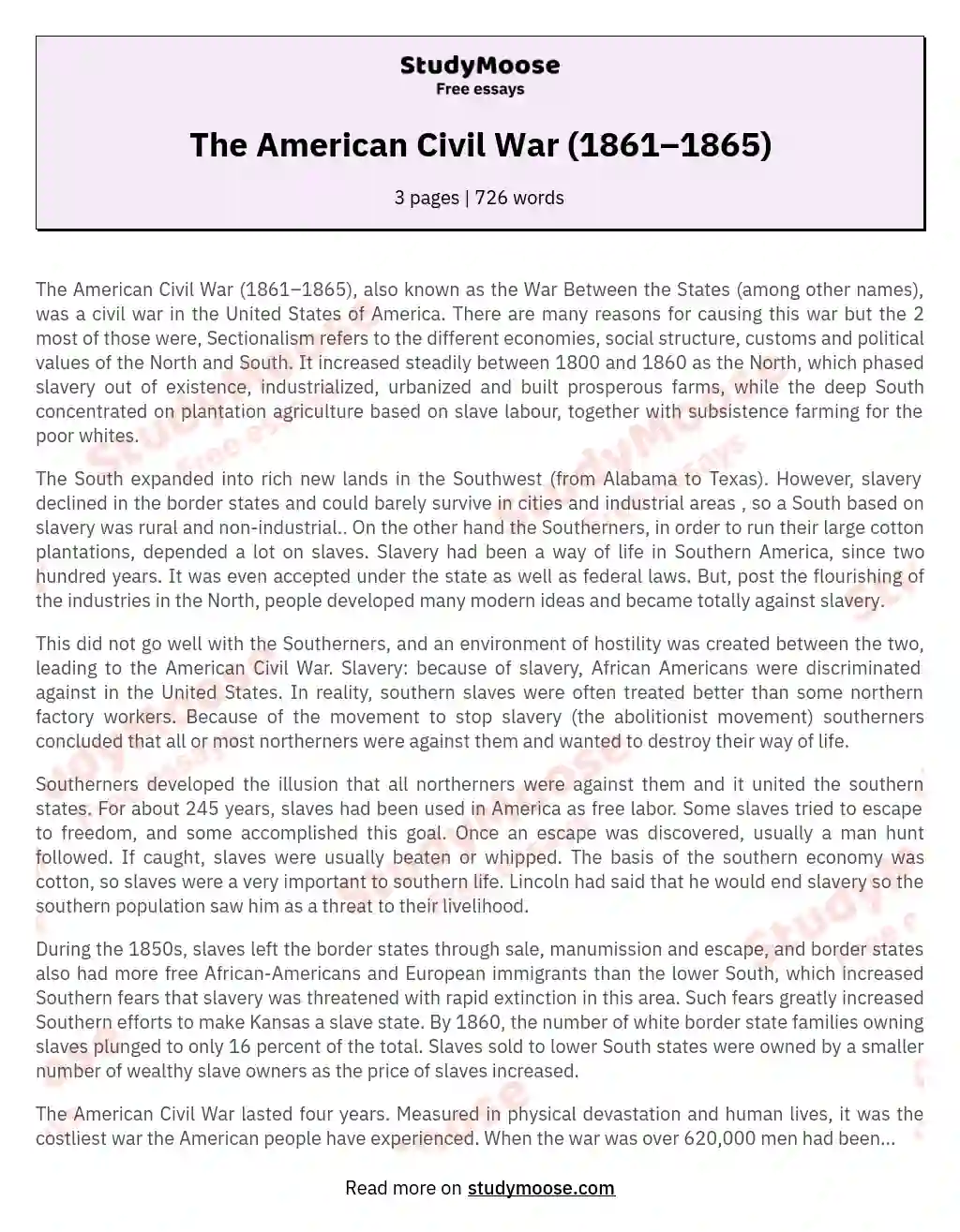 The American Civil War (1861–1865) essay