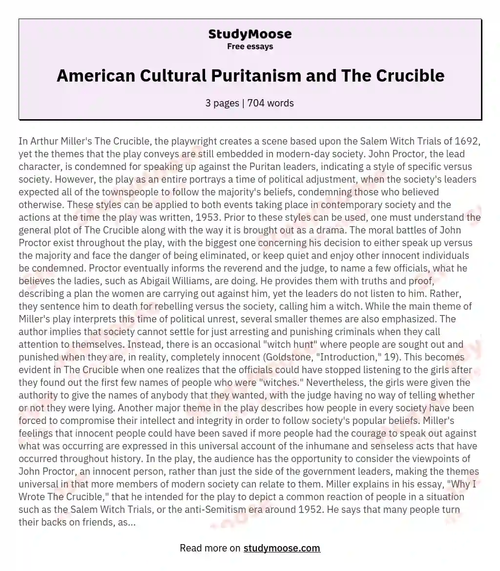 American Cultural Puritanism and The Crucible essay