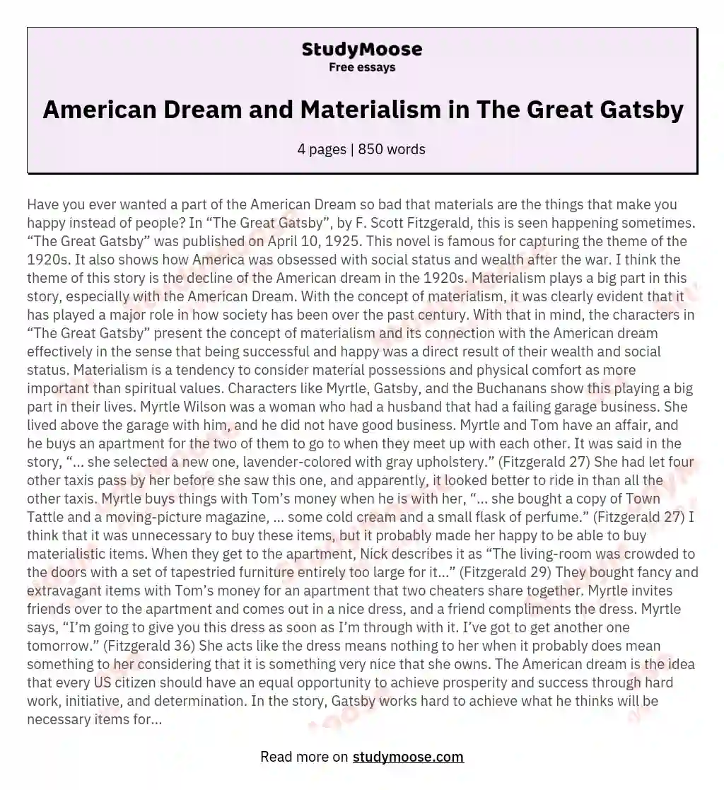 American Dream and Materialism in The Great Gatsby