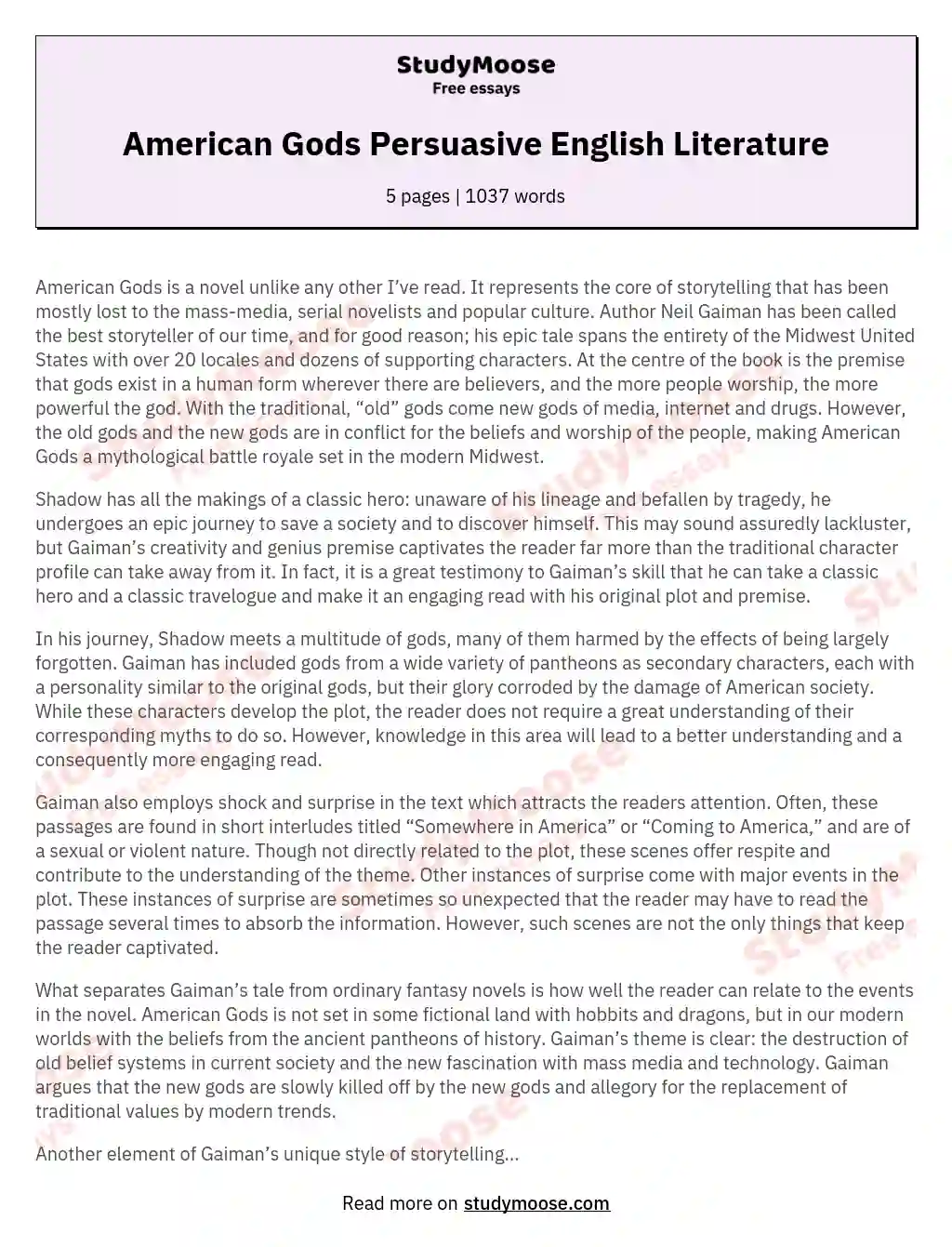American Gods Persuasive  English Literature essay