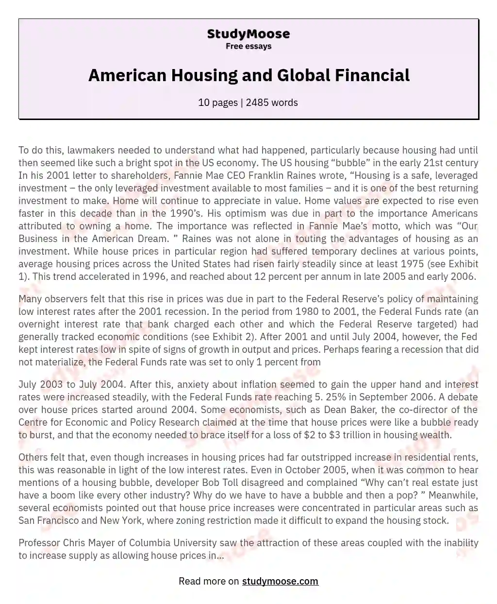 American Housing and Global Financial essay