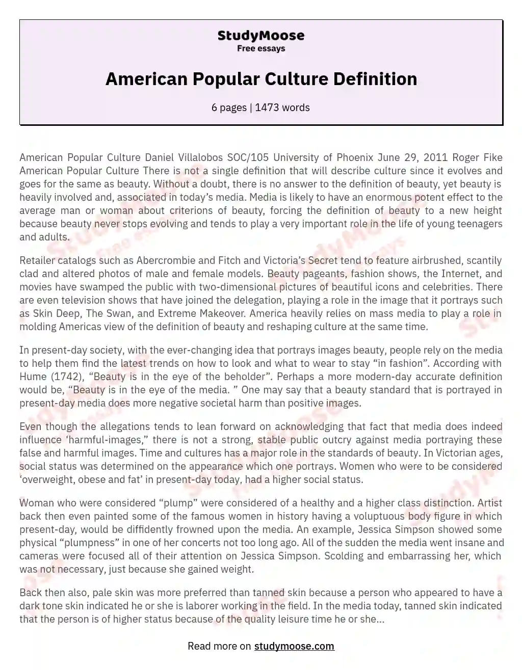  American Popular Culture Definition Free Essay Example