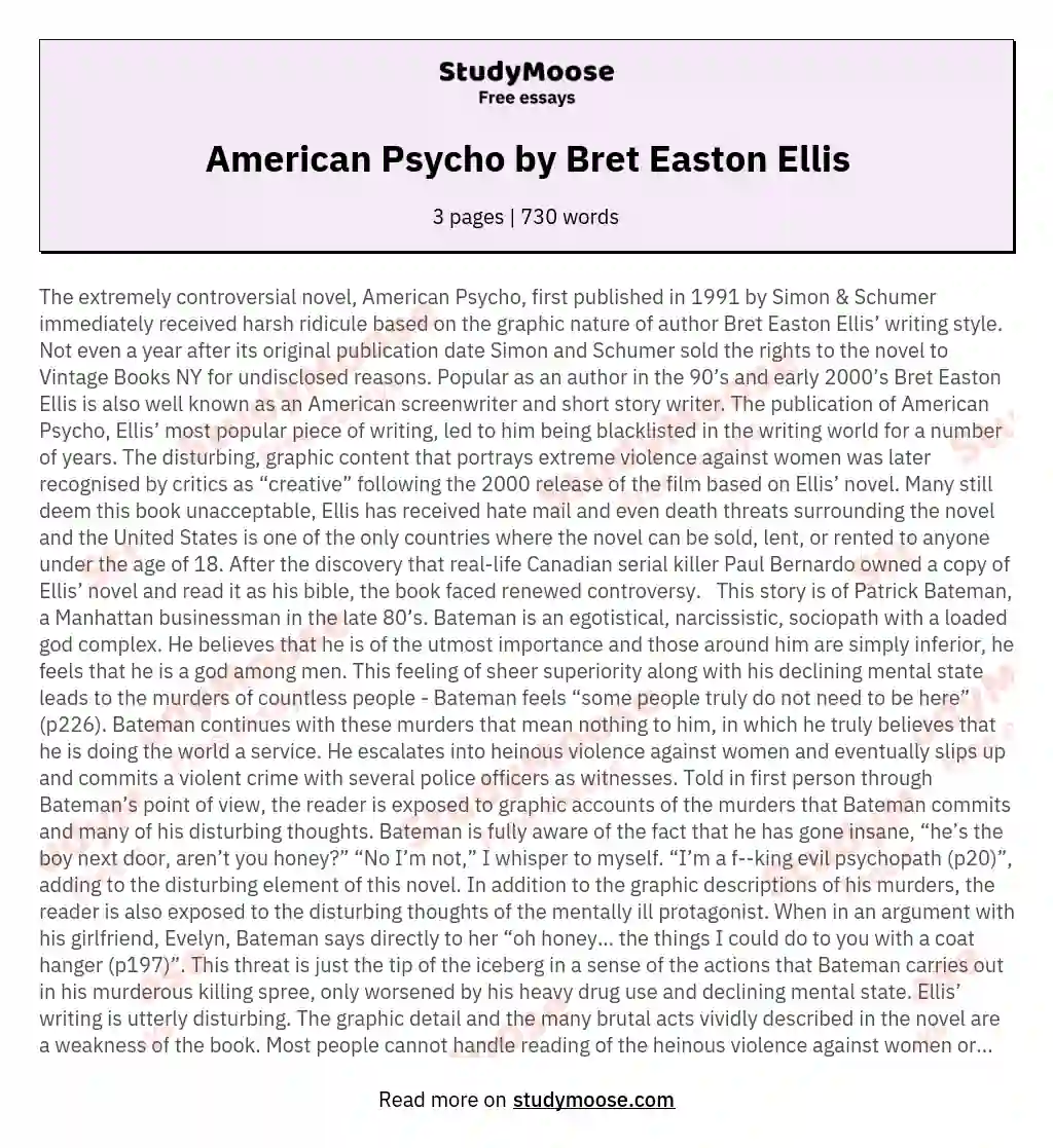 American Psycho by Bret Easton Ellis essay