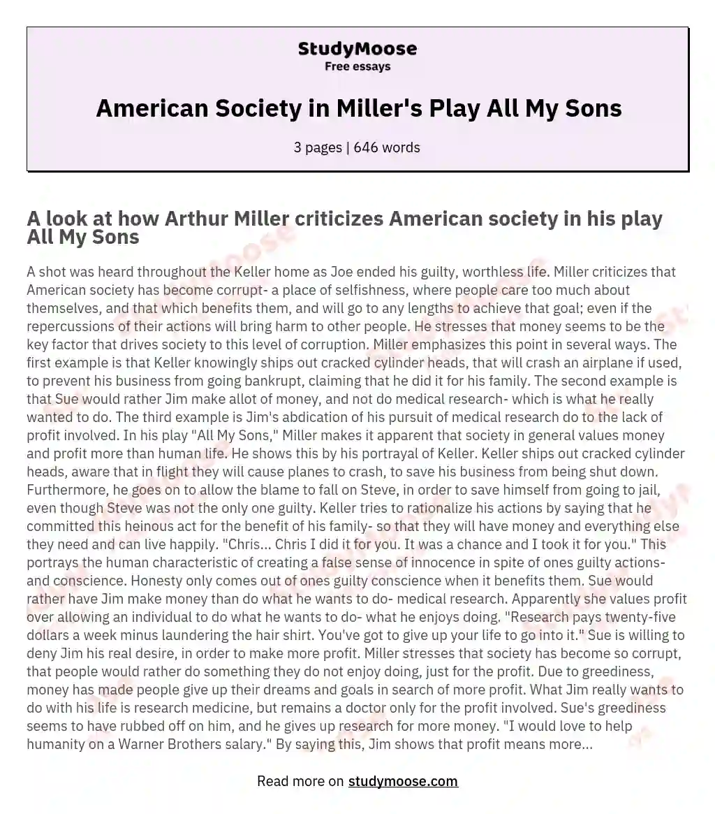 American Society in Miller's Play All My Sons essay