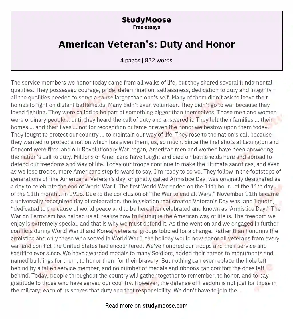 American Veteran’s: Duty and Honor essay