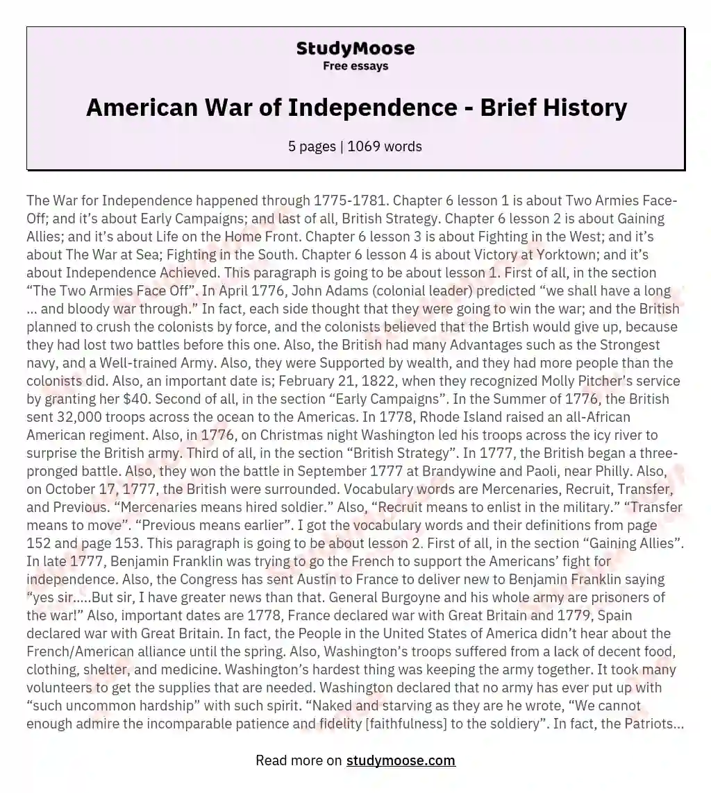 American War of Independence - Brief History essay