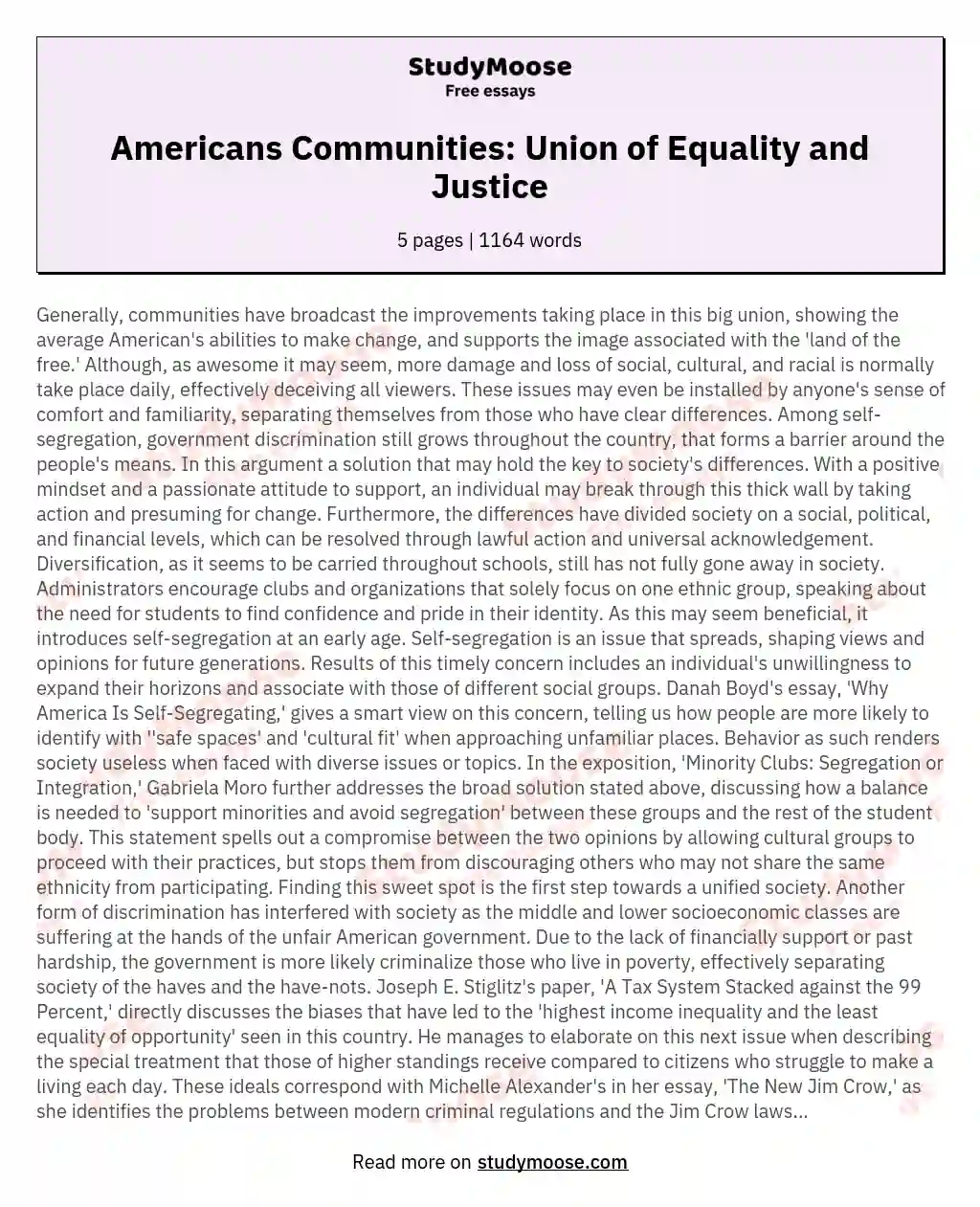 Americans Communities: Union of Equality and Justice essay