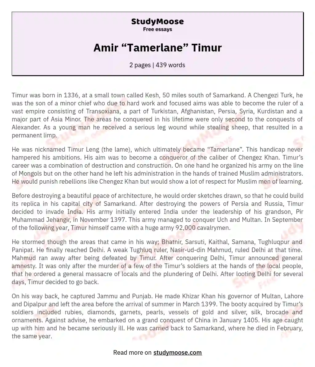 Amir “Tamerlane” Timur essay