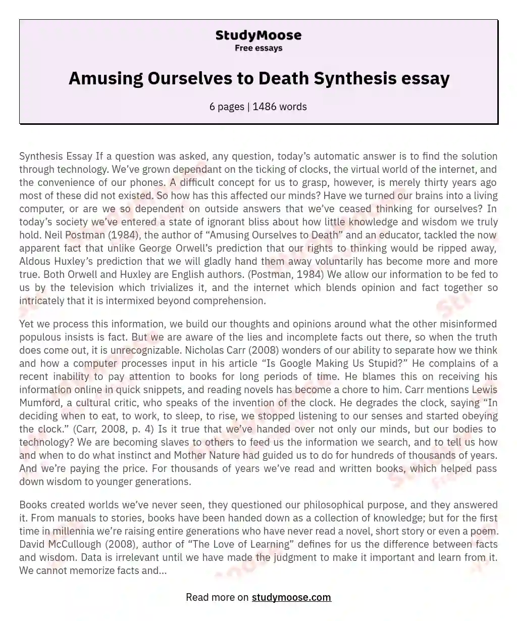 Amusing Ourselves to Death Synthesis essay